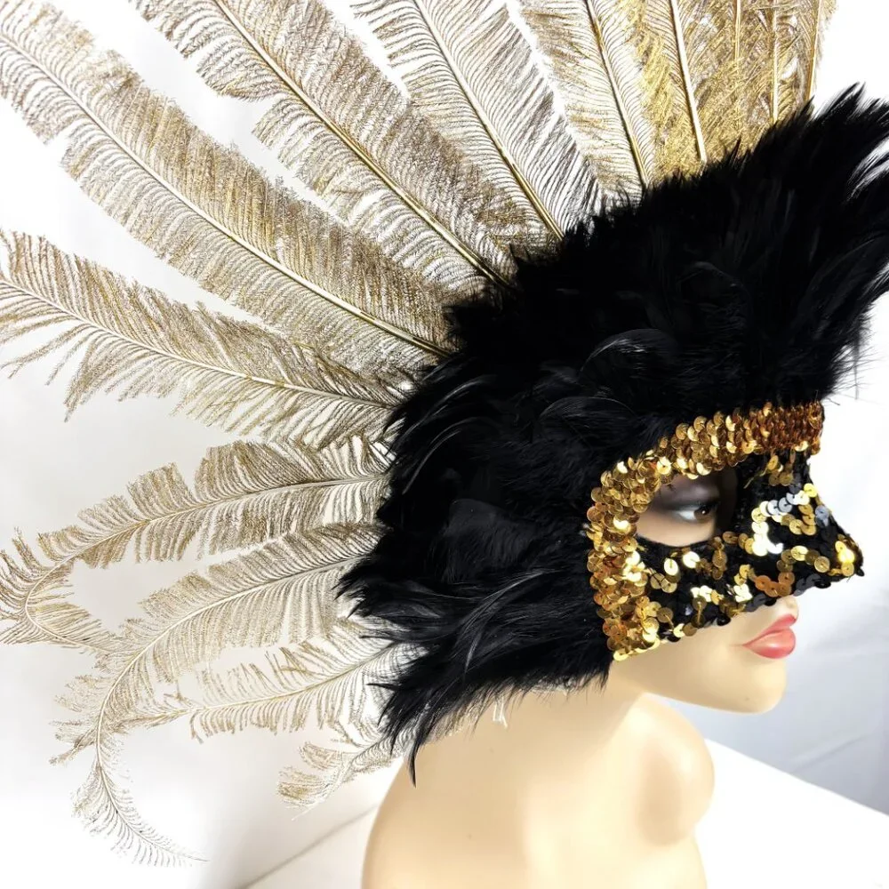 Showgirl Carnival Feather Gold Black Headdress Deluxe Vintage